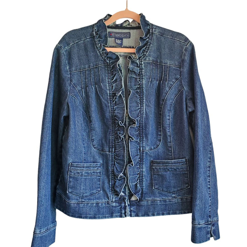 Load image into Gallery viewer, Baccini Ruffle Trim Denim Jean Jacket, Large
