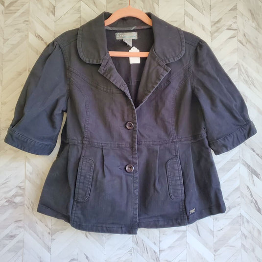 Point Zero Short Sleeve Peplum Button Up Jacket, Sz 10 Black